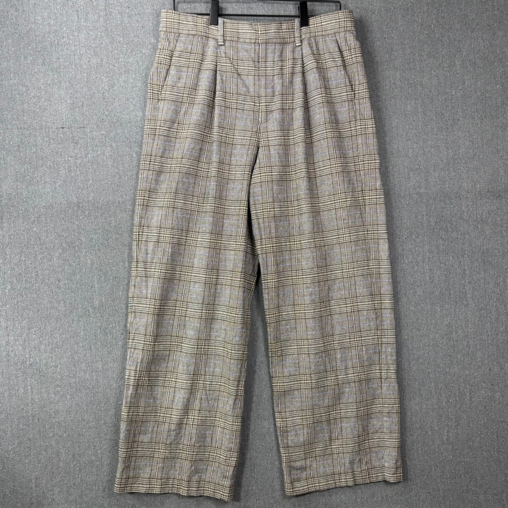 Madewell Slouchy Straight Pants Womens 8 Brown Plaid Pleated Wool Blend Trousers - Picture 1 of 10